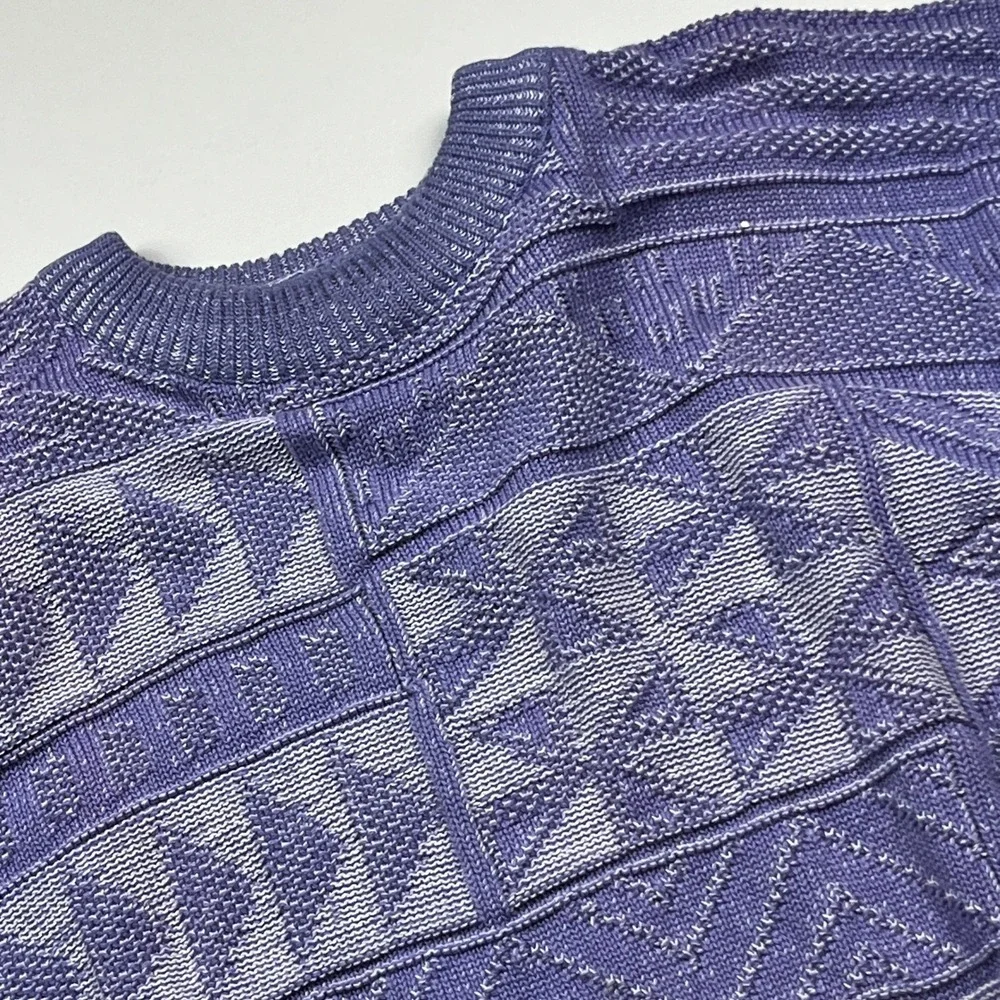 Vtg Claiborne Geometric Textured Knit Cotton Sweater Mens L Purple USA Grampcore